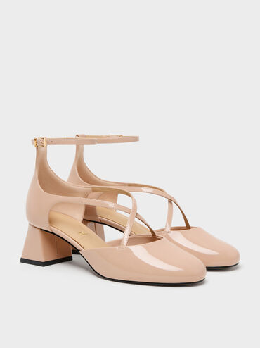 Sepatu Pumps Crossover Leather Patent, Nude, hi-res