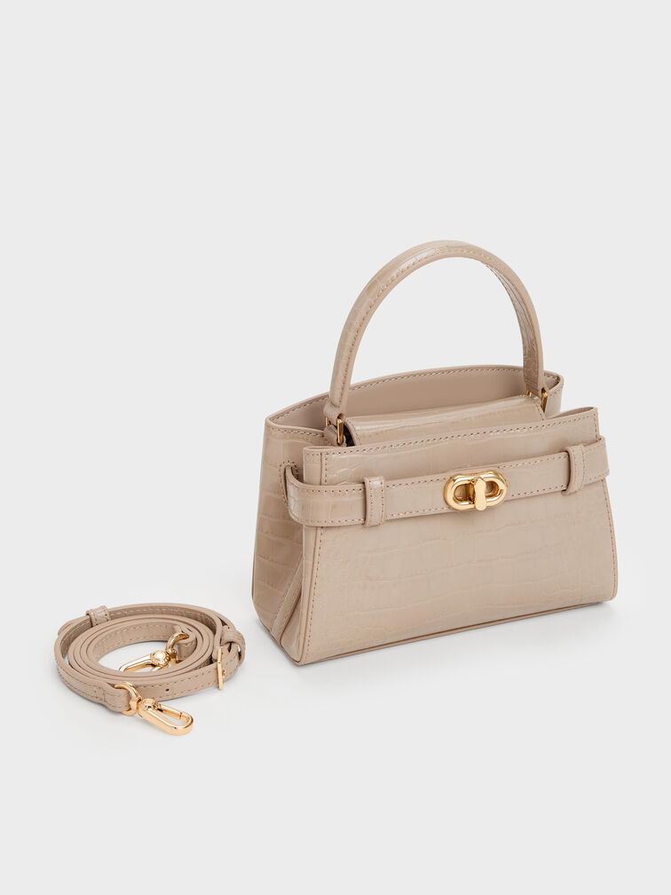Tas Top Handle Belted Croc-Effect Aubrielle, Taupe, hi-res