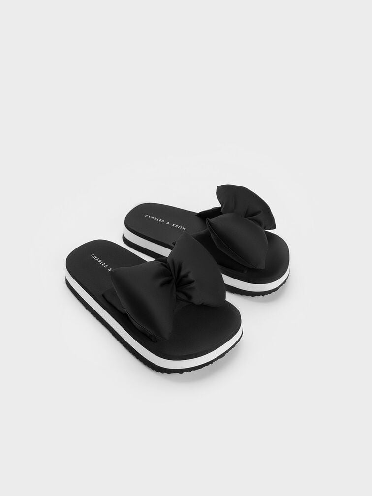 Sandal Slides Puffy Bow, Black, hi-res