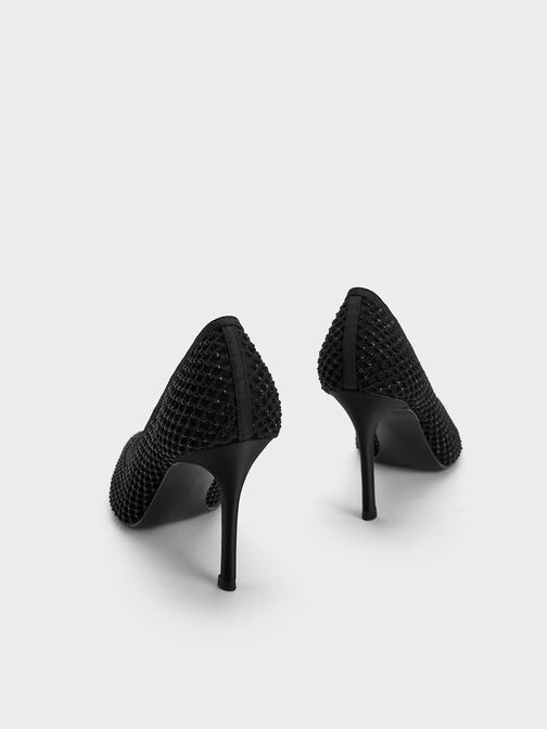 Sepatu Pumps Pointed-Toe Mesh Crystal-Embellished, Black Textured, hi-res