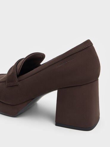 Sepatu Pumps Loafer Platform Block-Heel Faux Suede, Dark Brown Textured, hi-res