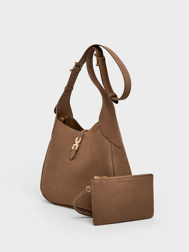 Tas Hobo Metallic-Buckle Belted Adalyn Recycled Suede, Mocha Brown, hi-res