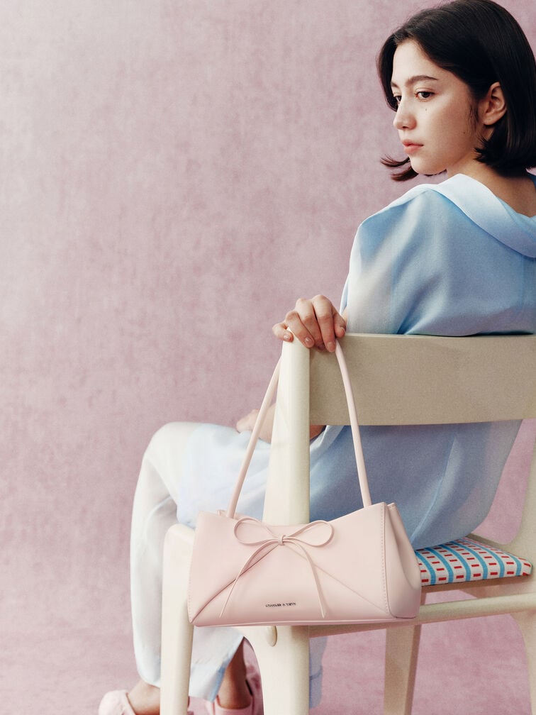 Hazel Bow Panelled Shoulder Bag, Soft Pink, hi-res