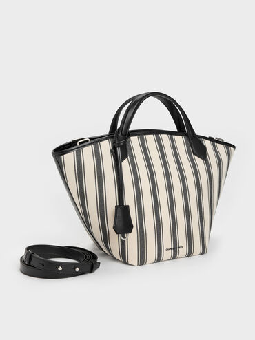 Tas Tote Striped Canvas Ivanna Large, Noir, hi-res