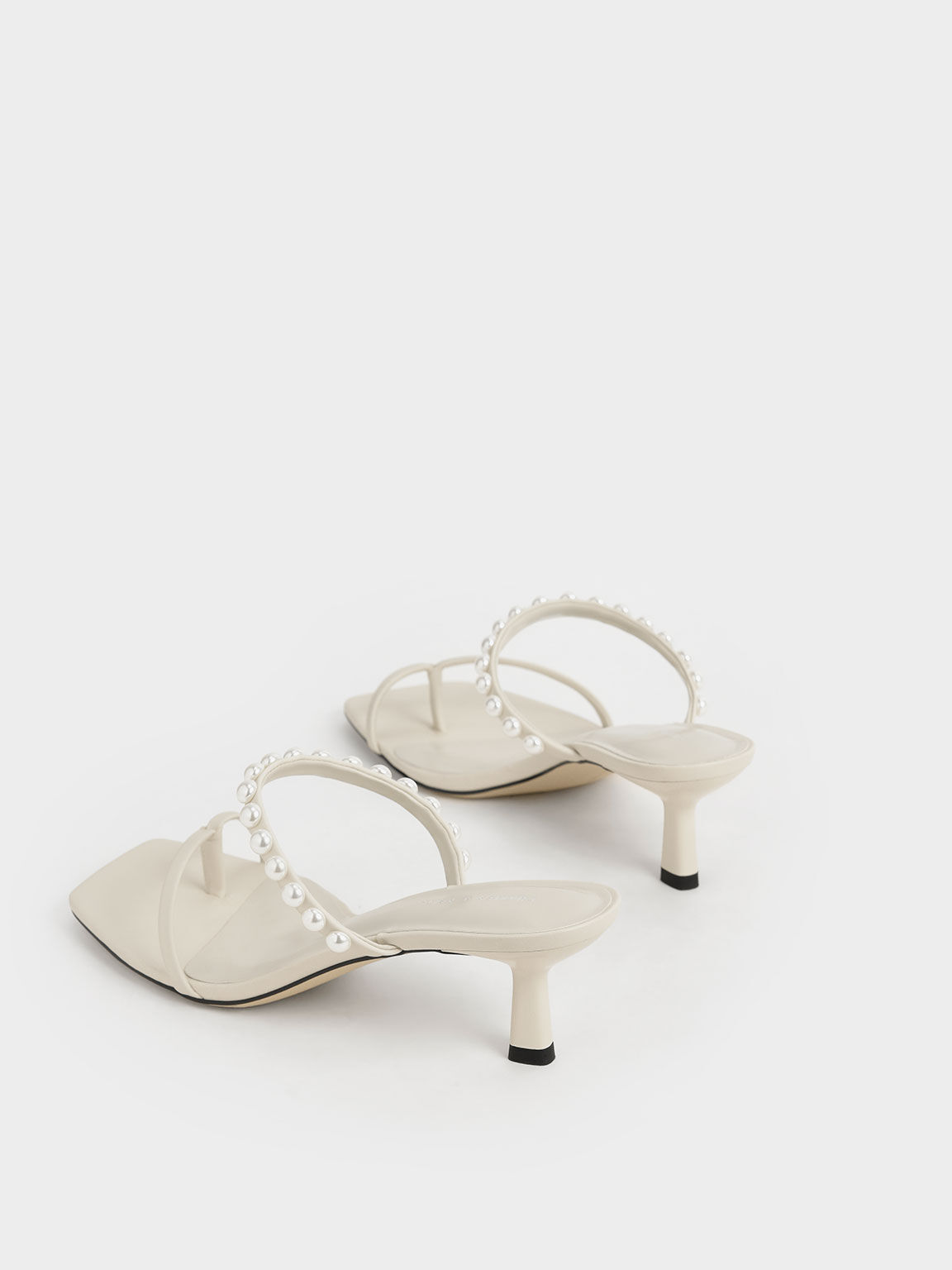Sandal Thong Heeled Pearl-Embellished, Chalk, hi-res