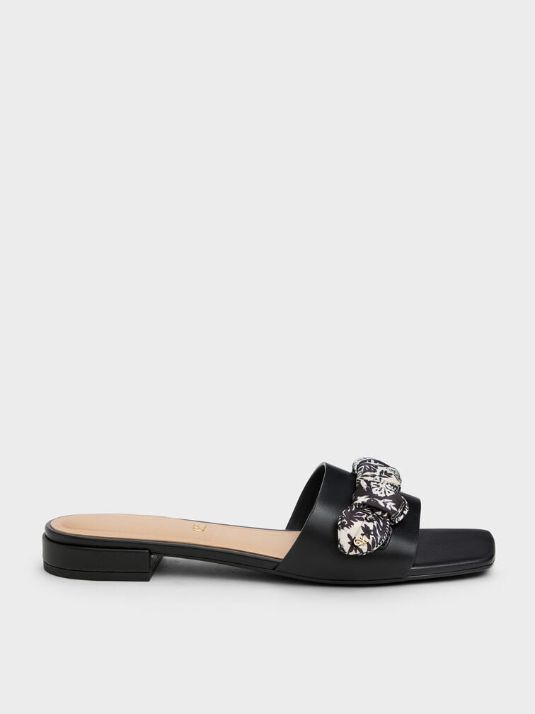 Sandal Slide Printed-Strap Leather Tayari, Black, hi-res