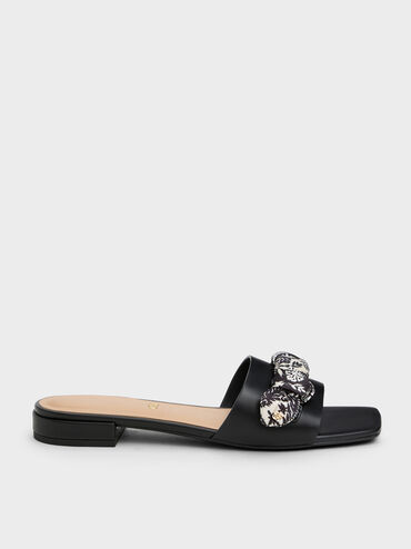 Sandal Slide Printed-Strap Leather Tayari, Black, hi-res