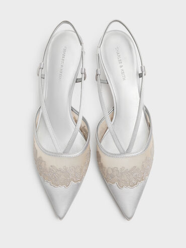 Sepatu Kitten Heels Slingback Embroidered-Satin, Silver, hi-res