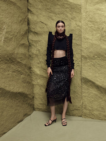 Sandal Heeled Gem-Bow Jessy, Black Textured, hi-res