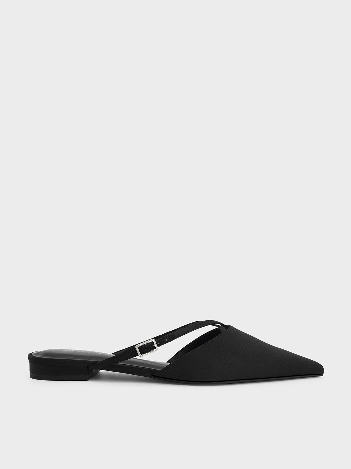 Sepatu Strappy Mules Satin Pointed-Toe, Black, hi-res