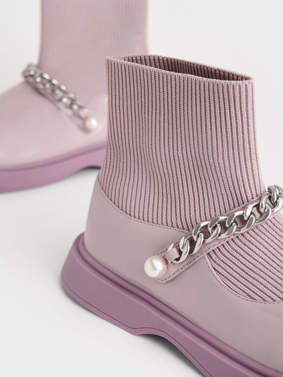 Girls' Chain-Link Knitted Sock Boots, Lilac, hi-res