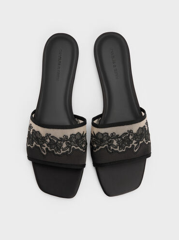 Sandal Selip Embroidered-Mesh Satin, Black Textured, hi-res