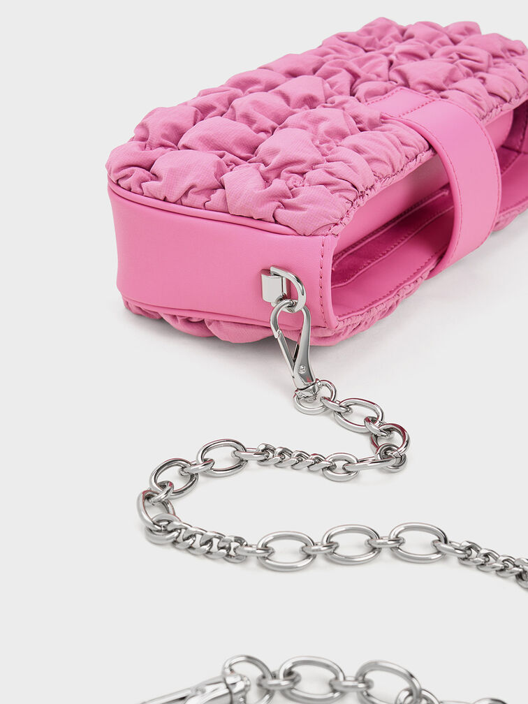 Ruched Nylon Chain Handle Bag, Pink, hi-res