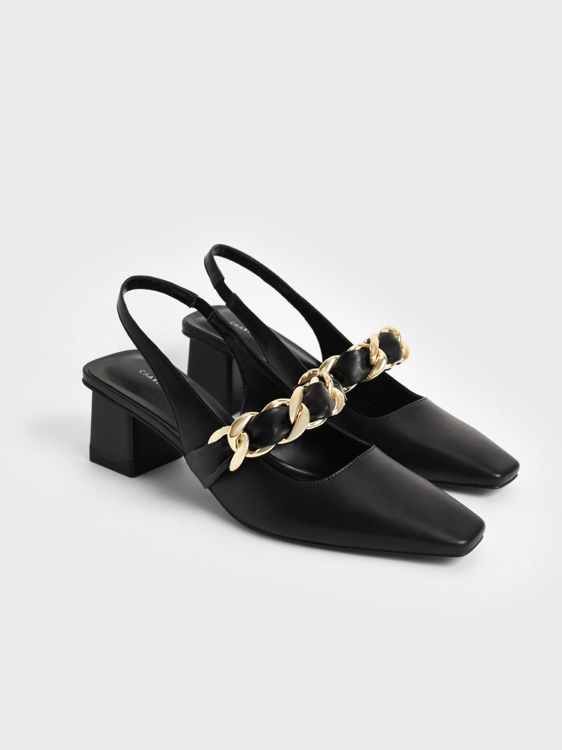 Sepatu Pumps Braided Chain-Link Slingback, Black, hi-res