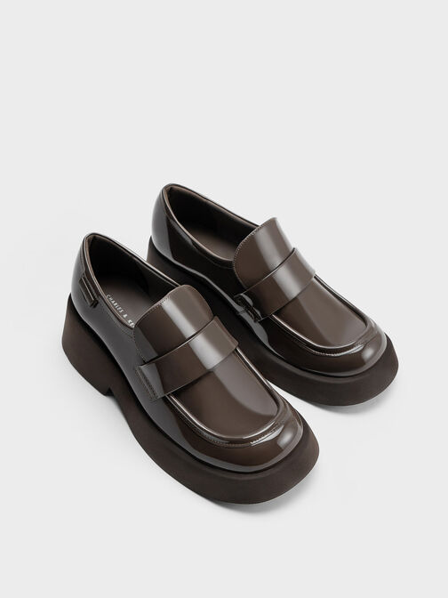 Sepatu Loafers Giselle Strap Chunky Patent, Brown, hi-res