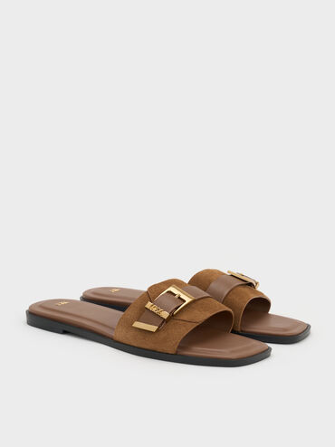 Whitney Suede & Leather Buckled Square-Toe Slide Sandals, Brown, hi-res