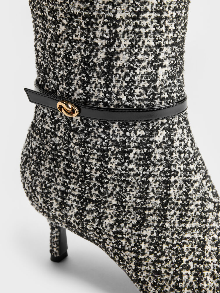 Tweed Pointed Heeled Knee-High Boots, Black Textured, hi-res