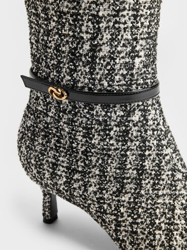 Tweed Pointed Heeled Knee-High Boots, Black Textured, hi-res