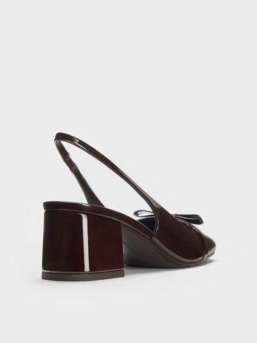 Sepatu Slingback Pumps Block-Heel Patent Bow Dorian, Dark Brown, hi-res