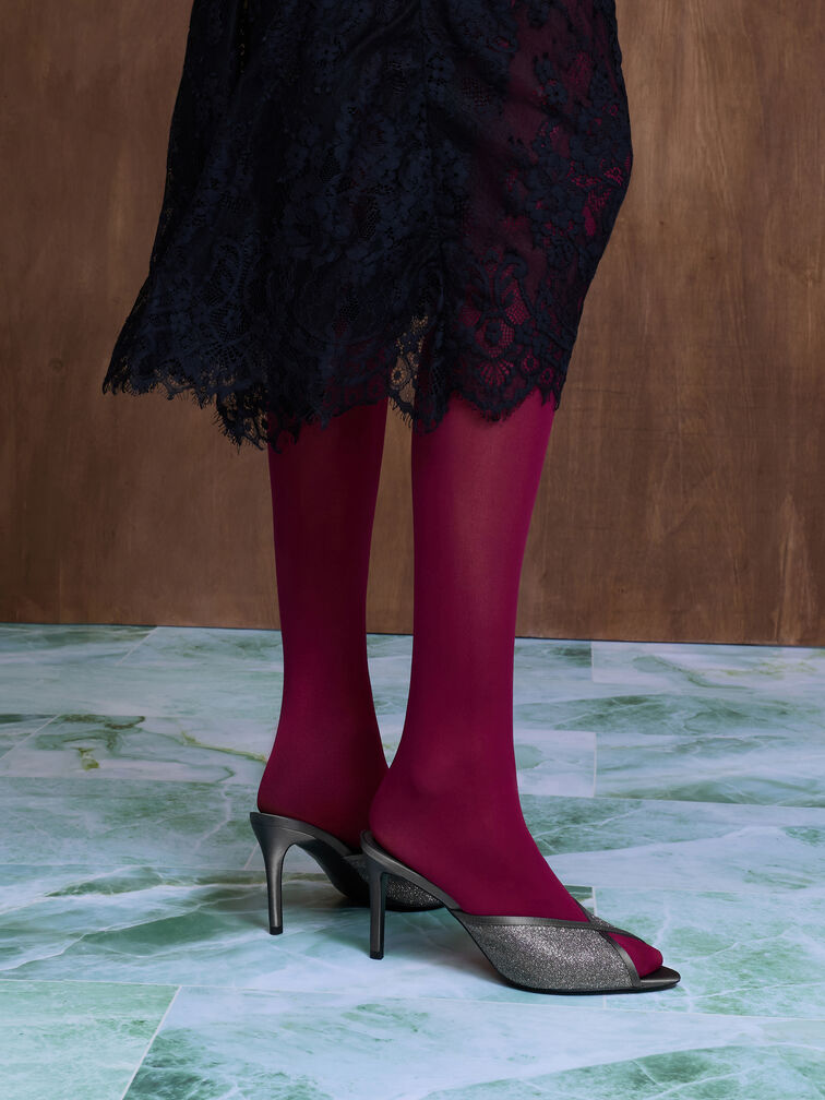 Glittered Mesh Peep-Toe Heeled Mules, Grey, hi-res