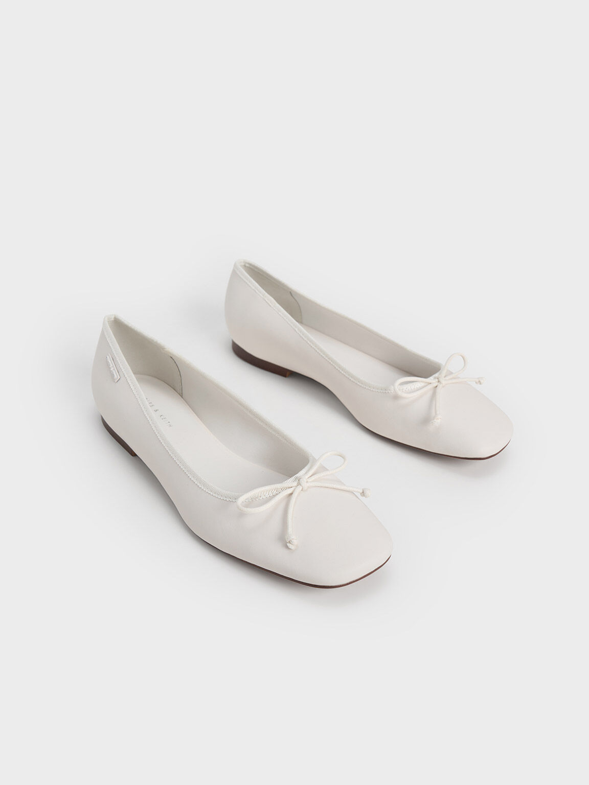 Rounded Square-Toe Bow Ballerinas, White, hi-res