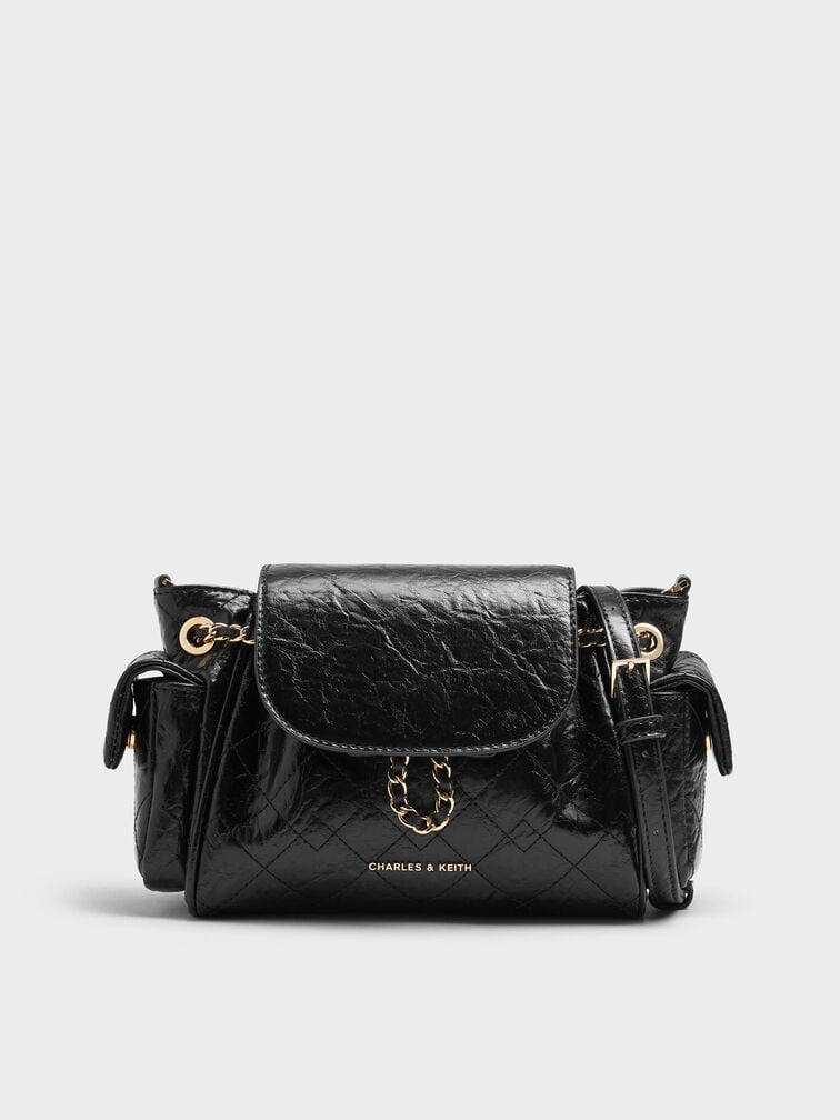 Tas Ransel Front Flap Two-Way Quilted Duo, Black, hi-res