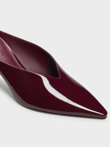 Patent Pointed Heeled Mules, Burgundy, hi-res
