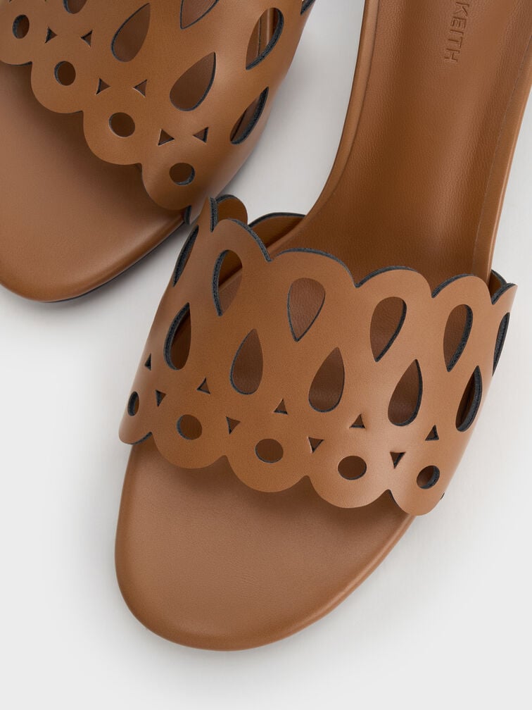 Sepatu Mules Block-Heel Cut-Out, Cognac, hi-res