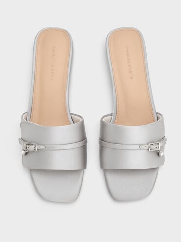 Sandal selip Buckle-Strap Teardrop-Crystal Satin, Silver, hi-res