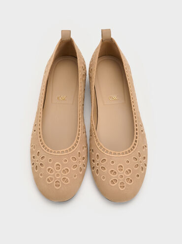 Sepatu Flats Ballet Embroidered Leather, Beige, hi-res