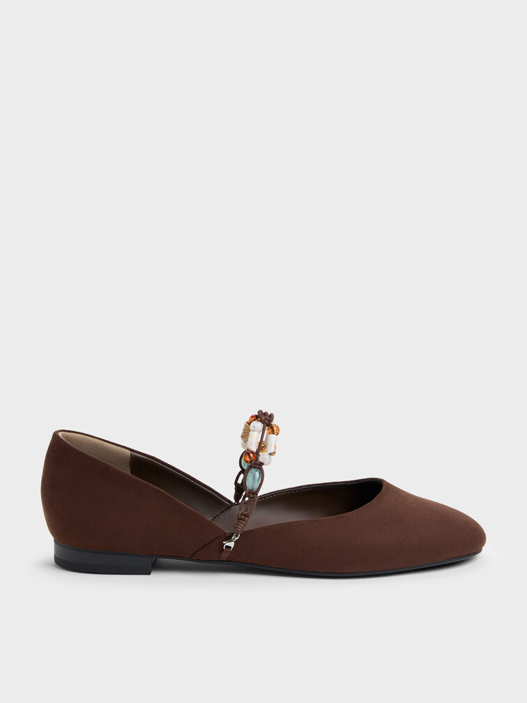 Franca Faux Suede Beaded-Strap Mary Janes, Dark Brown Textured, hi-res