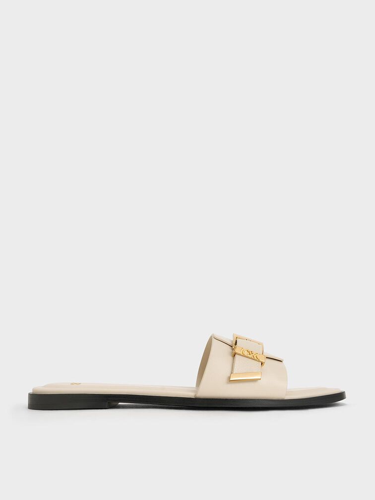 Sandal Slide Square-Toe Buckled Whitney Leather, Chalk, hi-res