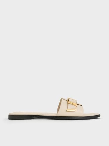 Sandal Slide Square-Toe Buckled Whitney Leather, Chalk, hi-res