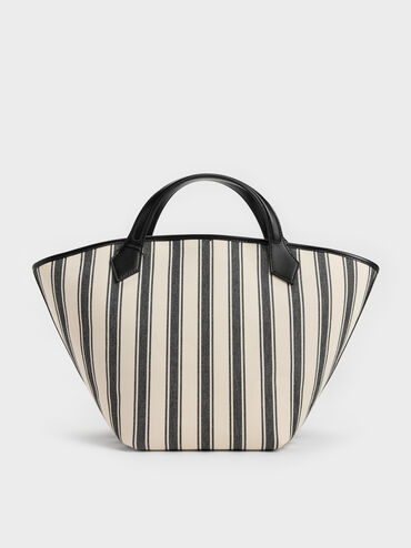 Tas Tote Striped Canvas Ivanna Large, Noir, hi-res