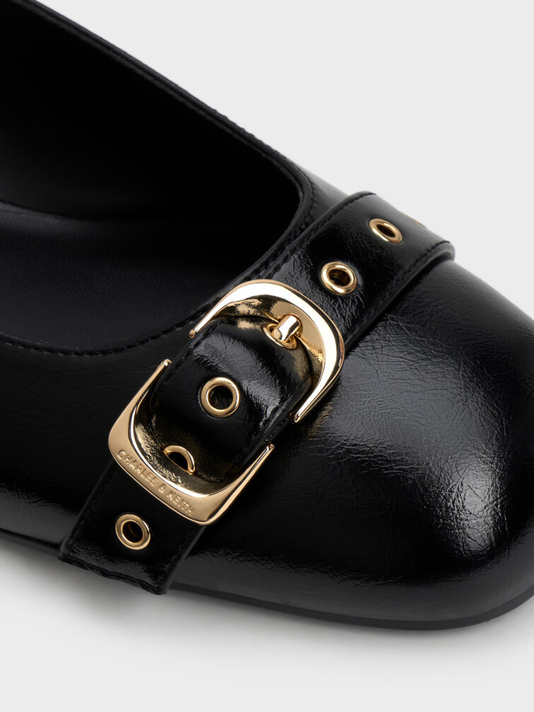 Sepatu Pumps Ankle-Strap Grommet-Belt, Black, hi-res