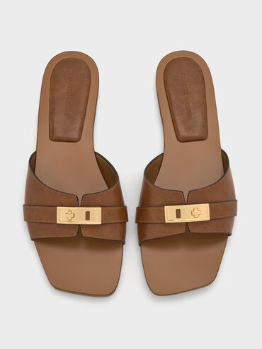 Sandal Slide Belted Metallic-Accent Lando, Cognac, hi-res