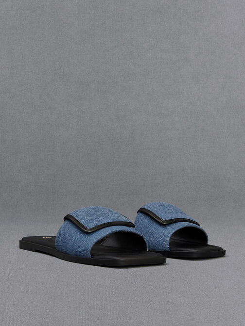 Sepatu Flats Pointed-Toe Leather & Denim, Blue, hi-res