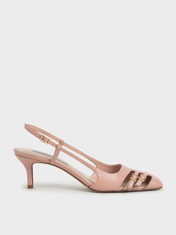 Cut-Out Buckled Slingback Pumps, Nude, hi-res