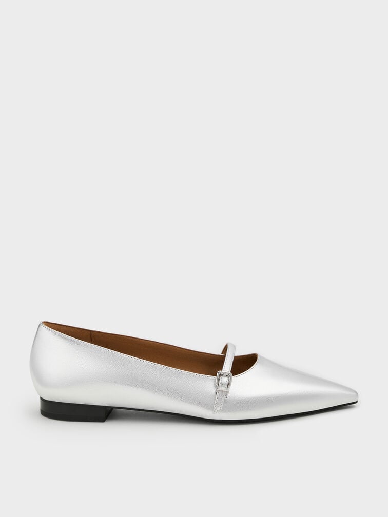 Metallic Pointed Ballet Flats, Silver, hi-res