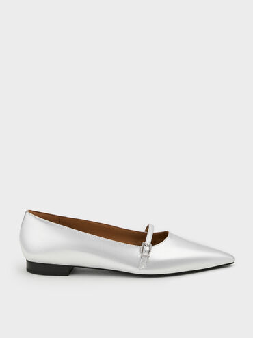 Metallic Pointed Ballet Flats, Silver, hi-res