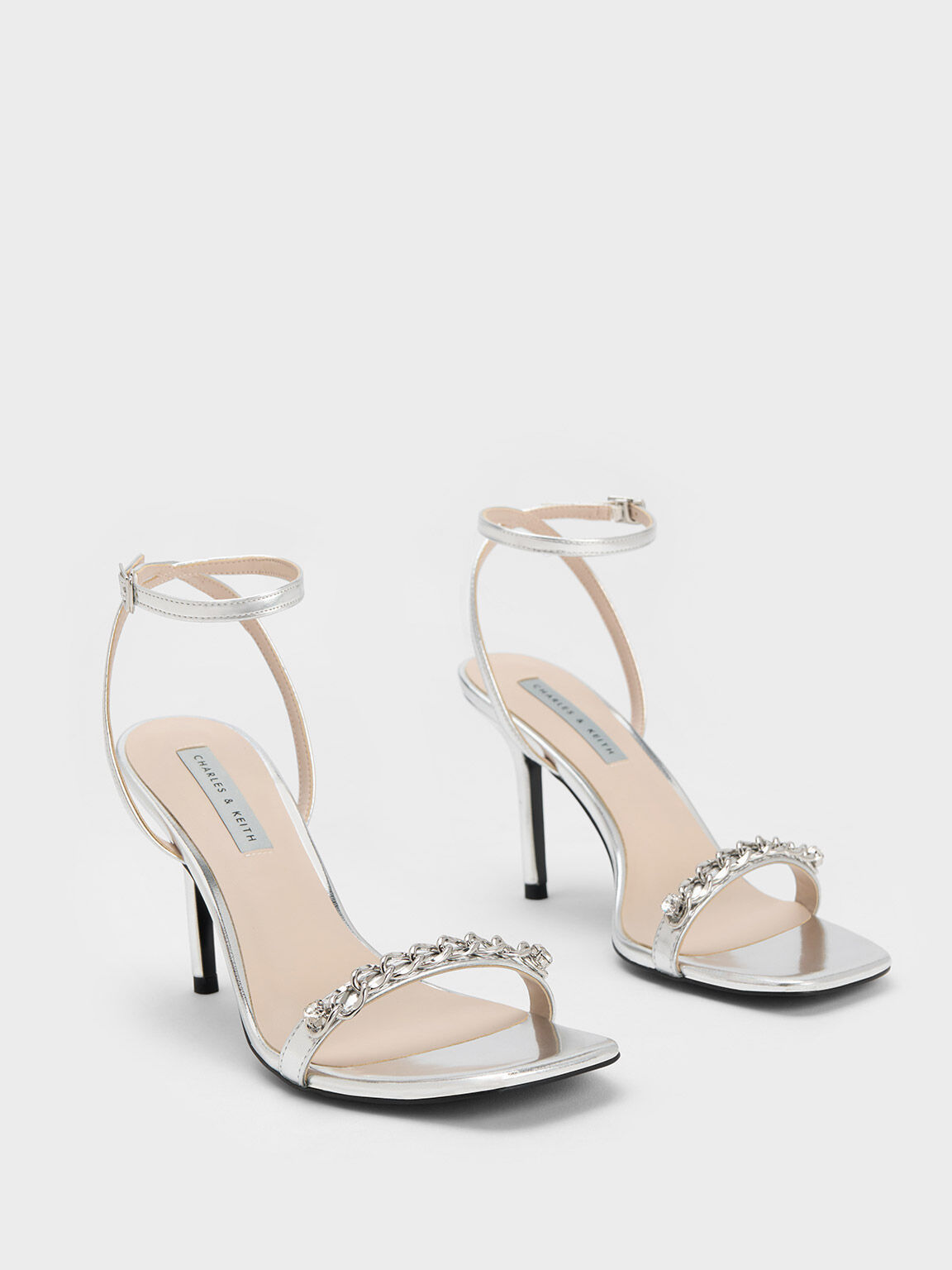 Chain-Embellished Metallic Ankle Strap Sandals, Silver, hi-res