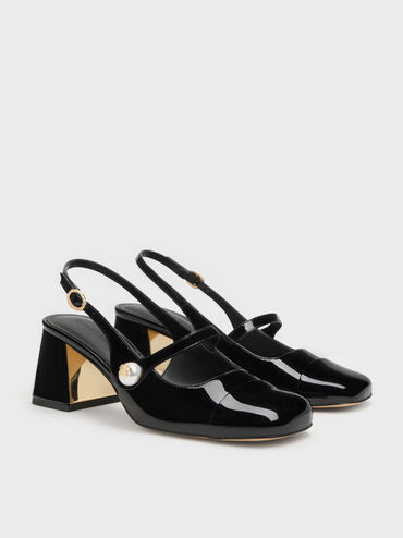 Aeryn Patent Pearl-Embellished Slingback Pumps, Black Patent, hi-res