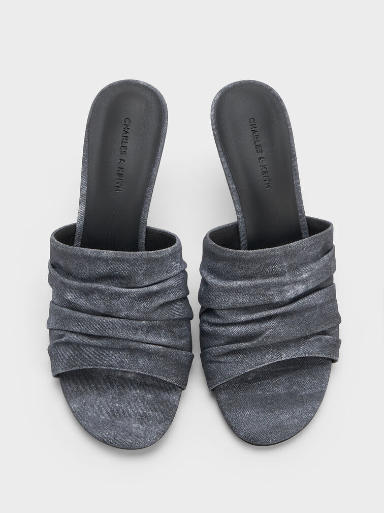 Sepatu Mules Heeled Ruched Twill, Dark Blue, hi-res