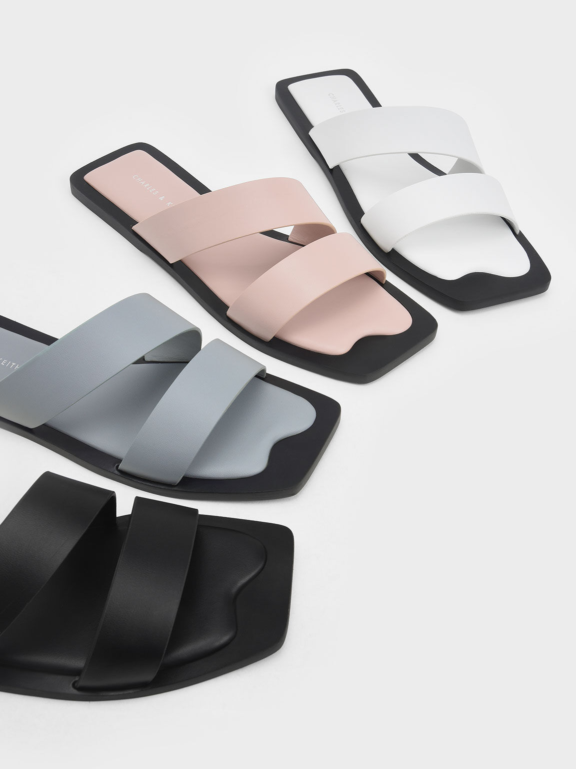 Asymmetric Strappy Slide Sandals, White, hi-res