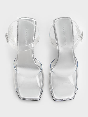 See-Through Speckled-Heel Ankle-Strap Wedges, White, hi-res