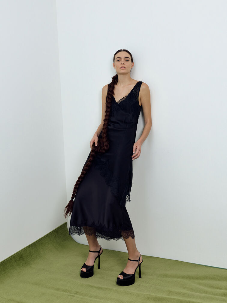 Sepatu Heels Platform Peep-Toe Francesca, Black Textured, hi-res