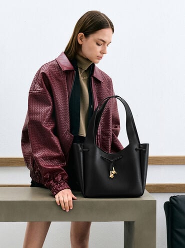 Mila Metallic-Knot Drawstring Tote Bag, Black, hi-res