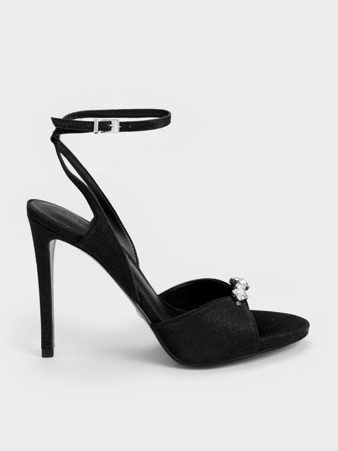Glittered Gem-Encrusted Ankle Strap Sandals, Black, hi-res