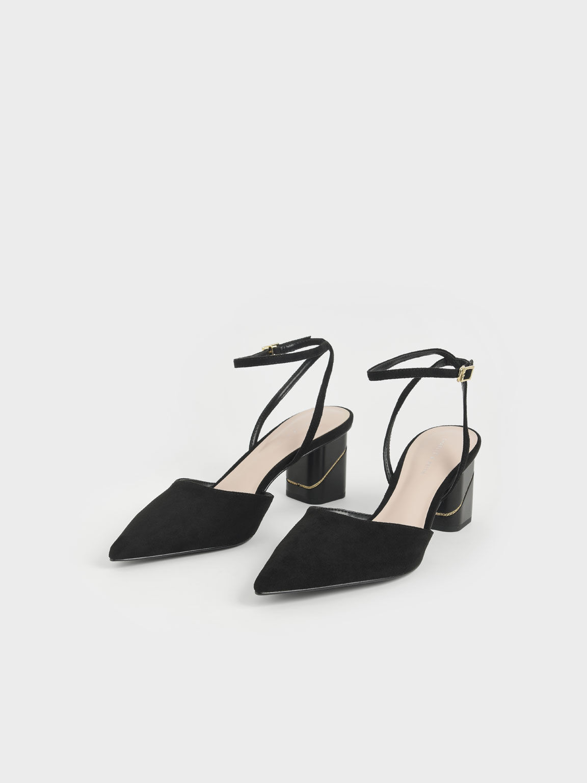Textured Ankle Strap Pointed Toe Pumps, Black, hi-res