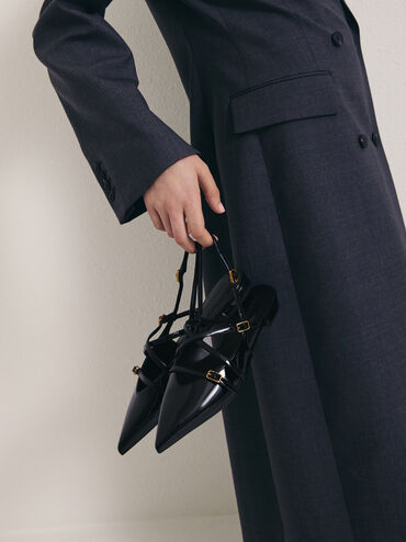 Sepatu Flats Slingback Strappy Patent Maybelle, Black Patent, hi-res